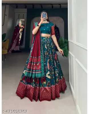 Floral Lehenga Choli with Foil Print &amp; Gotta Patti Dupatta